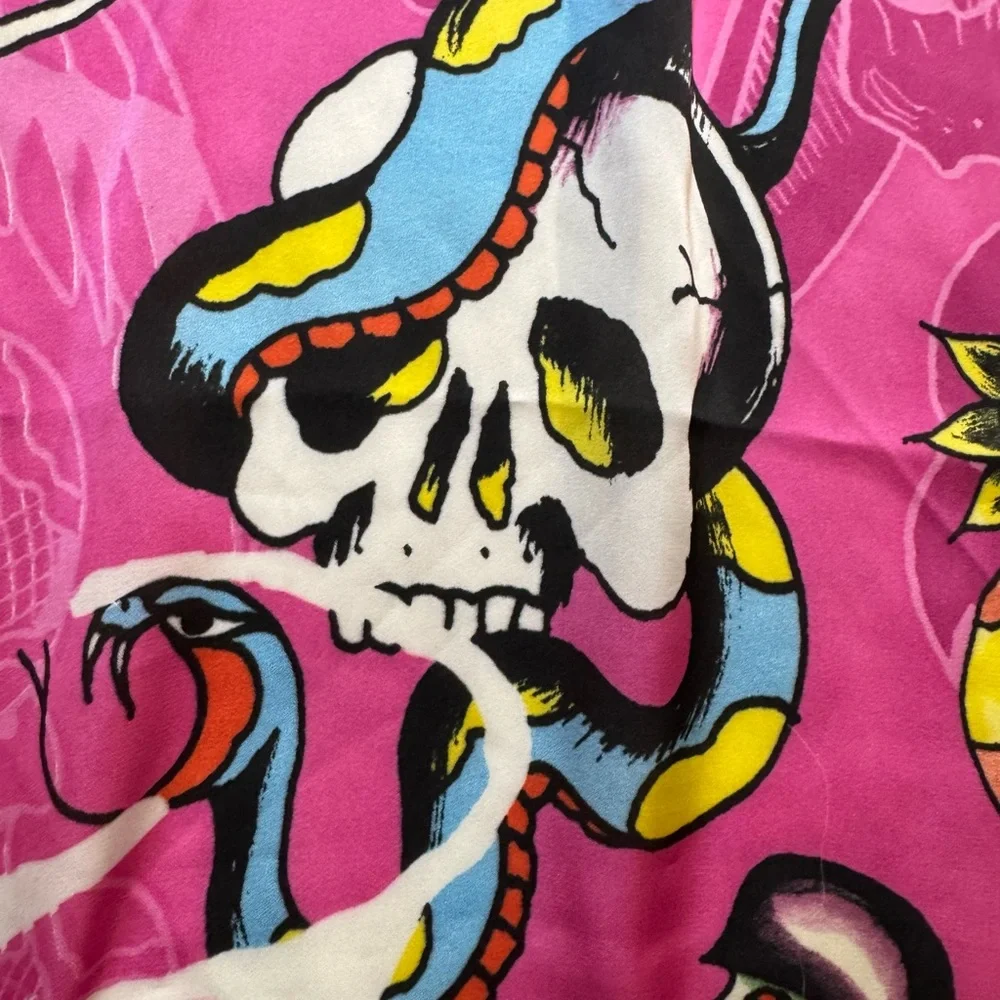 Ed Hardy Pink Skull Snake Tattoo Print Satin Scarf Wrap Y2K 43x43‎